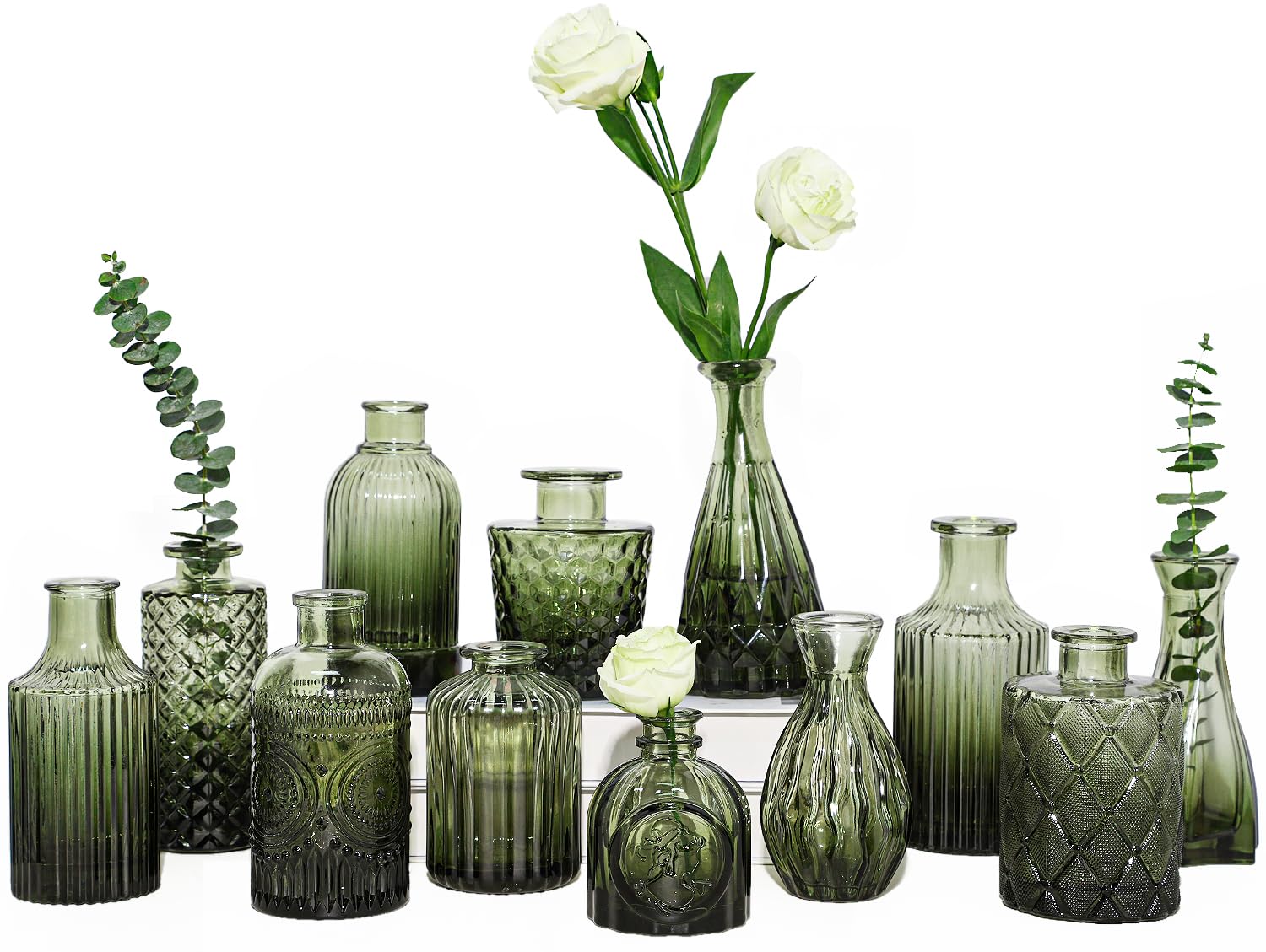 TBWIND 12pcs Green Glass Bud Vases Set, Small Vases for Flowers, Bud Vase for Centerpieces in Bulk, Mini Vintage Vase for Wedding Decorations, Office and Home Table Flower Décor